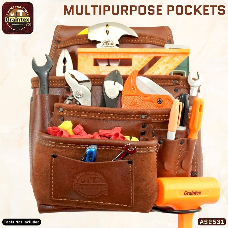 Graintex Ambassador Series 10 Pocket Framers Professional Nail & Tool Pouch Durable and Versatile Genuine Top Grain Leather for Framers, Constructors, Handyman - Chestnut Brown, Left Handed - Image 3